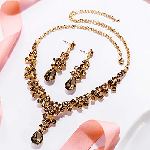 EVER FAITH Rhinestone Crystal Bridal Feast Floral Teardrop Necklace Earrings Set Champagne Rose Gold-Tone