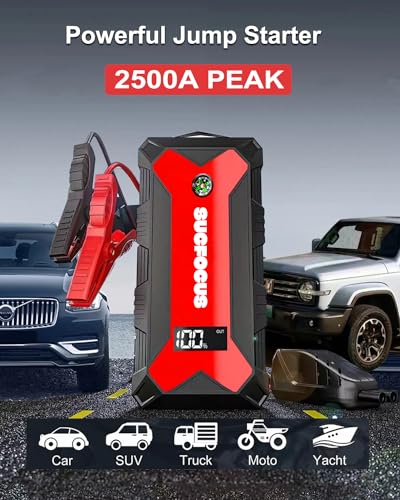 SUCFOCUS Jump Starter, 2500A Battery Jumper Starter Portable (for 7.0L Gas or 5.5L Diesel Engine), Car Battery Jump Starter, Jump Box, Jump Start Battery Pack with Jumper Cable, LED Light/USB QC3.0