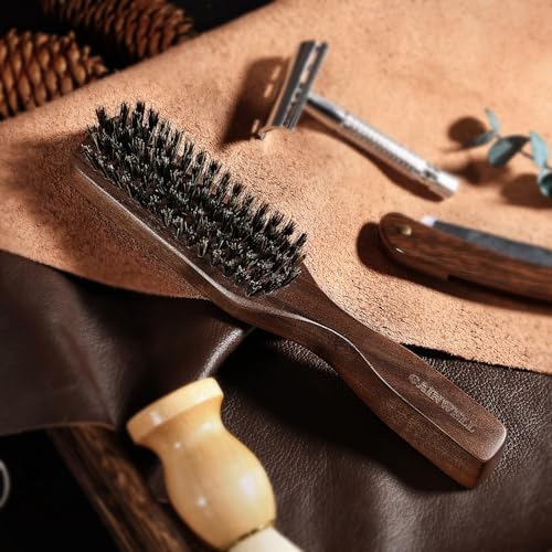 Mens Wild Boar Bristle Hair Brush for Men - Slick Back Hair Brush - Stiff Bristles for Thick Hair, Natural Black Walnut Wooden Handle Hairbrush, Beard Mustache Brush Comb by GAINWELL, Gift for Men