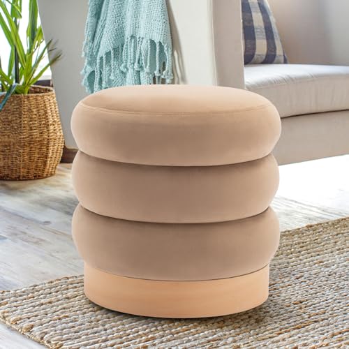 COLAMY Velvet Ottoman Footstool, Tufted Modern Foot Rest Stool with Wood Base for Living Room, Bedroom, Desk, Round Versatile Side End Table, Pouf, Makeup Seat, Camel