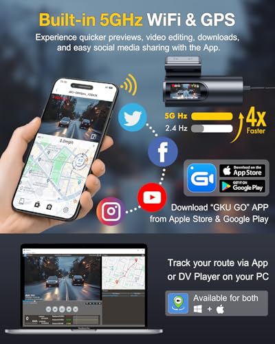 GKU Dash Cam Front and Rear Camera,4K+1080P Dual Dash Camera for Cars Built-in 5GHz WiFi GPS,with 64G SDcard,1.47" Display Dashcam, 24HParking Mode,App Control,Super Night Vision,WDR,Support Max 256GB