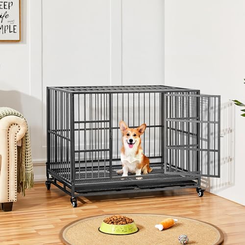 Yaheetech 42-inch Dog Crate Heavy Duty Metal Dog Crate for The House Indoor Dog Kennel for Small/Medium/Large Dogs w/Double Doors & Locks & Double Tray & Lockable Wheels Pet Cage Black