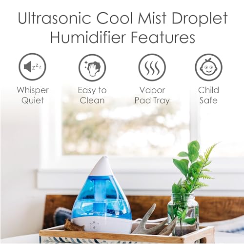 Crane Droplet Ultrasonic Small Air Humidifiers for Bedroom and Office, 0.5 Gallon Cool Mist Humidifier for Plants and Home, Humidifier Filters Optional, Blue and White