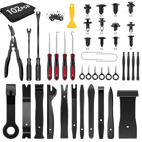 GOOACC 102Pcs Trim Removal Tool, Auto Push Pin Nylon Bumper Retainer Clip Set Fastener Terminal Remover Tool Round Handle Crowbar Kit Car/Radio Panel, Black