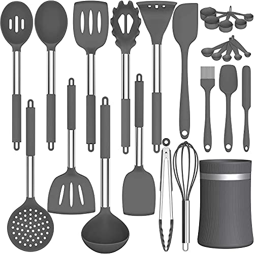 Silicone Cooking Utensils Set - 446°F Heat Resistant Kitchen Utensils, 30PCS Non-Stick Kitchen Utensils Spatula Set with Holder, Stainless Steel Handle Kitchen Gadgets Utensil Set (Black)