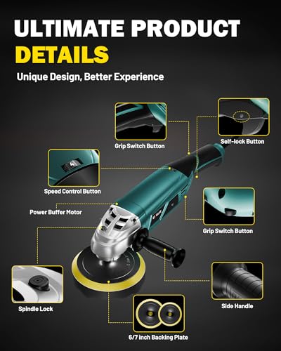GEVEELIFE Buffer Polisher, 6 Inch/7 Inch 1600W Rotary Car Buffer Polisher Waxer, 7 Variable Speed 1000-3500 RPM, Detachable Handle for Car, Boat Sanding, Polishing, Waxing