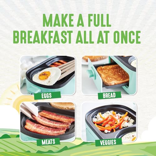 GreenLife 3-in-1 Breakfast Station, Ceramic Nonstick PFAS-Free Dual Griddles for Eggs Meat Pancakes & Sandwiches + 2-Slice Toast Drawer, Healthy Cooking, Timer, Versatile Morning Meal Maker, Turquoise