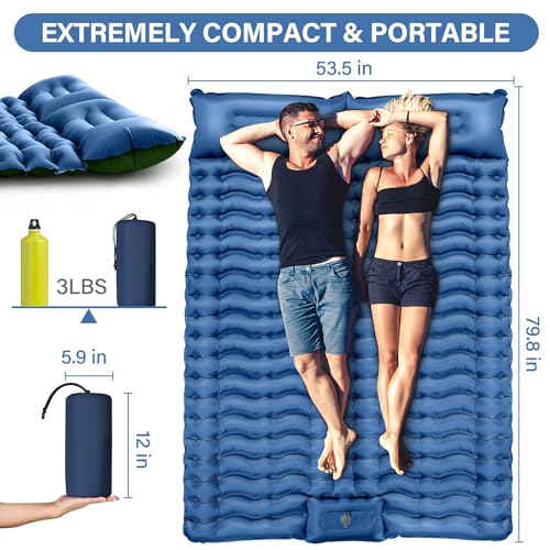 Double Sleeping Pad for Camping- Self Inflating 4" Extra-Thick with Pillow Built-in Foot Pump Inflatable Sleeping Mat for Backpacking, Hiking, Traveling, Tent