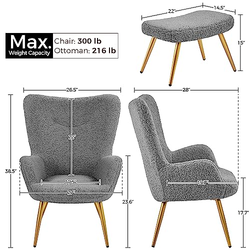 Yaheetech Accent Chair and Ottoman Set, Sherpa Armchair with Golden Metal Legs and High Back, Footstool for Living Room, Lounge, Gray