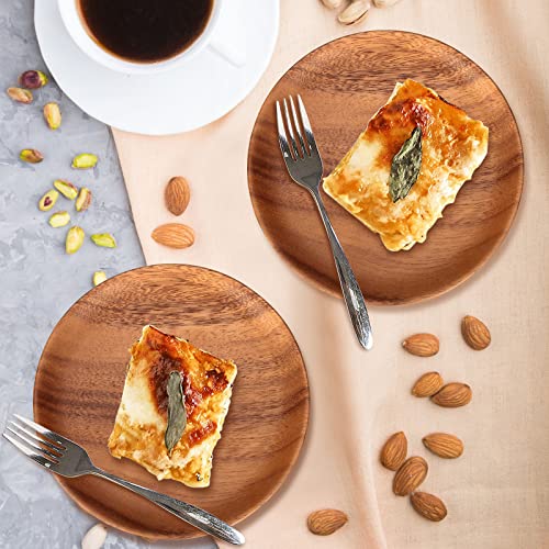 2 Pcs Small Wooden Dessert Plates for Eating Acacia Wood Snack Appetizer Plate 6 inch Mini Cute Salad Dinner Plates Reusable Round Non Toxic Platos Saucer Plate for Food Flat Picnic Serving Dishes