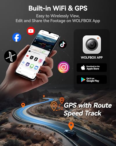 WOLFBOX i07 3 Channel Dash Cam Built-in WiFi GPS, 4K+1080P Dash Camera Front and Inside, 1440P+1080P+1080P Triple Car Camera with 3" LCD Screen, 32GB Card Included, IR Night Vision, 24H Parking Mode