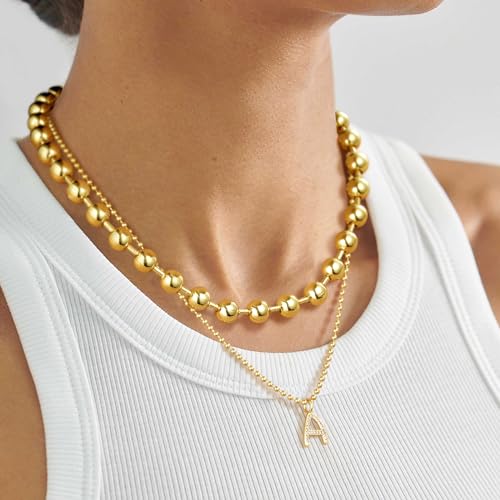 KissYan Gold Beaded Necklace for Women, 14K Gold Plated Adjustable High-Polished Basic Metal Ball Bead Chain Choker Necklace Minimalist Fashion Jewelry Gifts (Huge)