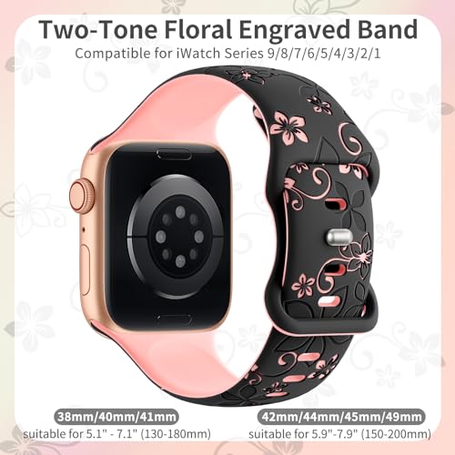 Floral Engraved Bands Compatible with Apple Watch Band 41mm 40mm 44mm 45mm 42mm 38mm 49mm for Women,Cute Flower iWatch Bands Soft Silicone Sport Strap for iWatch Series SE 9 8 7 6 5 4 3 2 1 Ultra