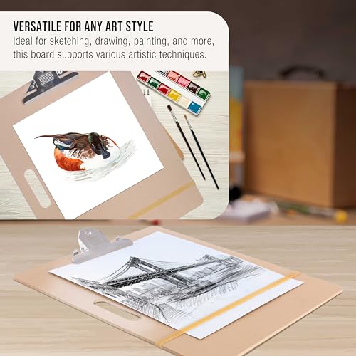U.S. Art Supply 11" x 17" Artist Sketch Tote Board - Lightweight Hardboard Drawing Board with Handle, Clip & Rubber Band for Art, Sketching, Travel, Studio