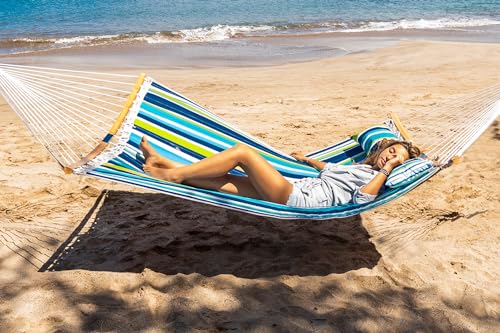 SUPERJARE 12 FT Quilted Fabric Hammock with Detachable Pillow, 2 Person Hammock with Spreader Bars, Adjustable Chain, Outdoor Hammock without Stand, for Outside, Patio, Garden, Dark Cyan