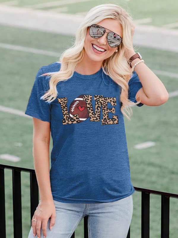 Women Football Shirt Game Day Shirt Love Football Print Tee Football Season T-Shirt Vintage Bleached Short Sleeve Top Bronze