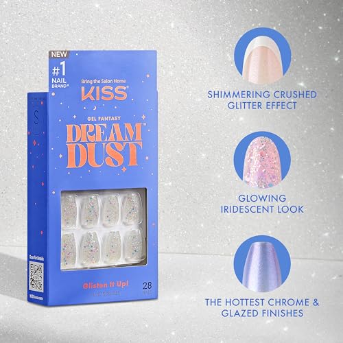 KISS Gel Fantasy Dreamdust, Press-On Nails, Nail glue included, 'Mood Dust', Light White, Short Size, Coffin Shape, Includes 28 Nails, 2G Glue, 1 Manicure Stick, 1 Mini File