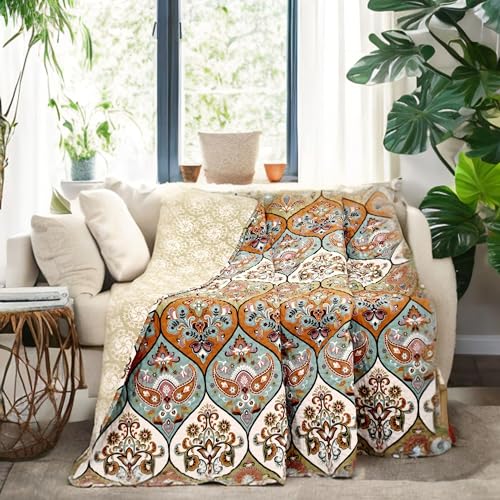 DaDalogy Bohemian Quilted Throw Blanket – Reversible Floral Paisley, Soft for Couch & Bed Throw/Lap Throw– Salmon, Blue, Pink – 50x60 inches