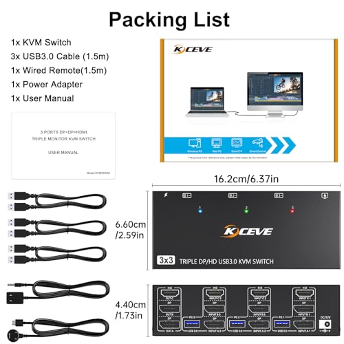 KVM Switch 3 Monitors 3 Computers 8K@60Hz 4K@144Hz, Camgeet HDMI+2 Displayport KVM Switch Triple Monitor for 3 Computer Share 3 Monitor and 4 USB3.0 Devices,Wired Remote and 12V power adapter Included