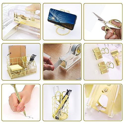 YOLOZAI 17PCS Office Supplies and Accessories Set Desk Accessories, Notebook, Acrylic Stapler, Staple Remover, Tape Dispenser, Clips, ID Roller, Scissor, Utility Knife, Phone Holder, Pen, Pen Holder