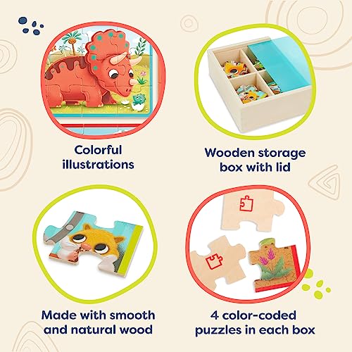 B. toys- Pack o' Puzzles 2-Pack - Pets & Dinos- Wooden Puzzle Box Set – 2 Puzzle Boxes, 8 Puzzles- 12-Piece Jigsaw Puzzles for Kids – 3 Years +