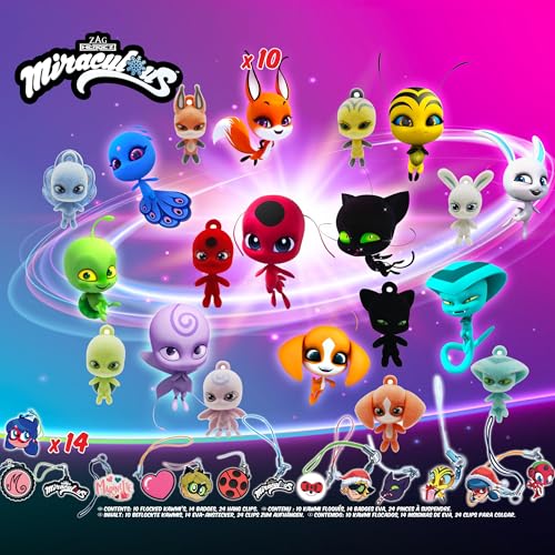 Miraculous Ladybug Advent Kwami Calendar - 24 Days of Miniature Kwamis & Seasonal Charms - Christmas Countdown Calendar with Hooks & Ribbons, Festive Collectible Toys for Kids Holiday Joy