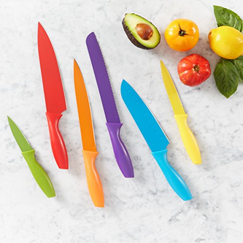 Amazon Basics Color-Coded Dishwasher Safe Kitchen 12-Piece Knife Set, 6 Knives with 6 Blade Guards, Multicolor, 13.88 x 4.13 x 1.38 inch