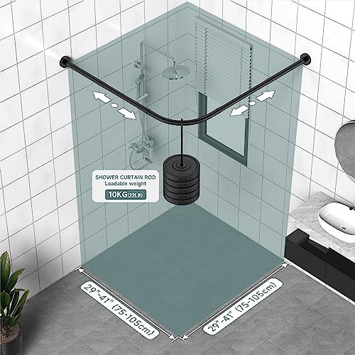 Shower Curtain Rod, L Shaped Black Shower Rods, Stainless Steel Corner Shower Rod 29-41 × 29-41 inch, Free 18 Rings, No Driilling Install, for Bathroom, Clothing Store, Private Space