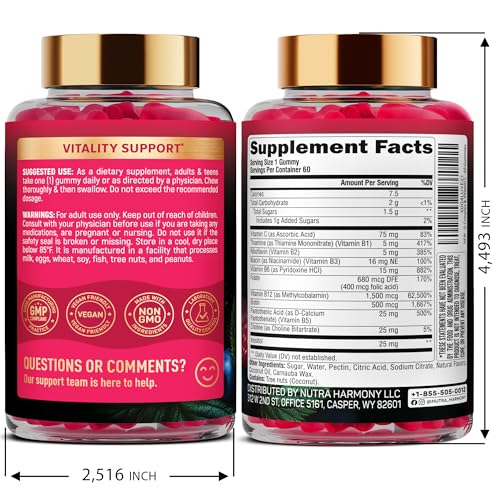 Vitamin B-Complex Gummies for Women & Men - Vitamin B12, B1, B2, B3, B5, B6, B7 & B9 - B Complex with Vitamin C & Choline - Energy, Brain & Mood - Natural Berry Flavor, Vegan - 60 Gummies for 2 Months