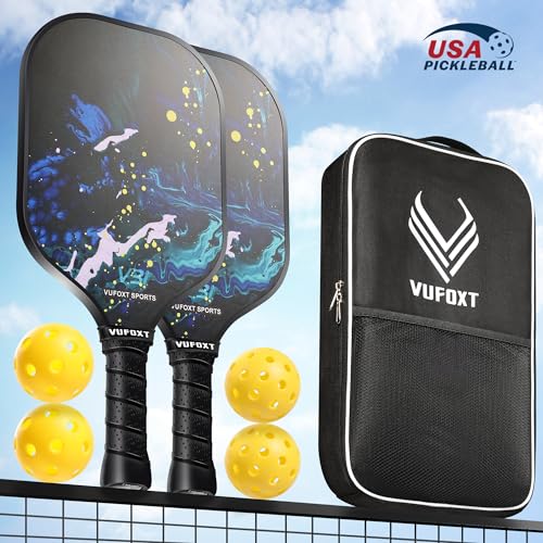 Pickleball Paddles Set of 2, USAPA Approved 99.99% Carbon Fiber Surface Pickleball Sets PP Honeycomb Core Pickleball Rackets, Lightweight Paddles with 4 Balls 1 Bag for Beginners Medium (Blue Waves)