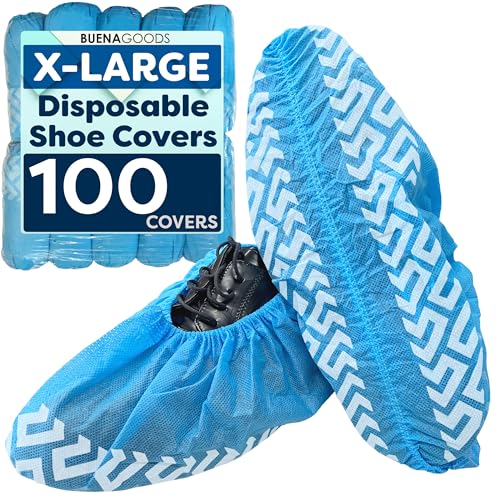 Buena Goods 100 Pack Extra Large Disposable Blue Boot and Shoe Covers - Indoor Reusable Shoe Covers Disposable - Non Slip Booties - Fits US Men's Size 14 and Women's 16 Size