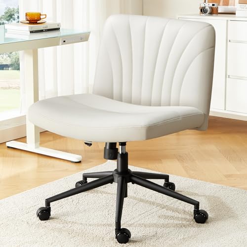 Marsail Cross Legged Office Chair: PU Leather Criss Cross Desk Chair Wide Armless Desk Chair Swivel Height Adjustable Vanity Chair for Make Up,Small Space,Bed Room(Light Beige)