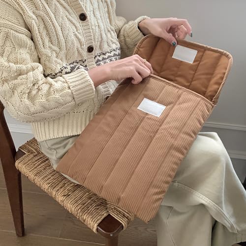 Linpr Stripe Puffy Laptop Sleeve 13-14 Inch Brown, Portable Case Bag with Pockets, Cotton Carrying Case Compatible with 13 and 14 Inch Laptops, for MacBook Air M2 M1, Asus/Dell Xps/Lenovo in Cover