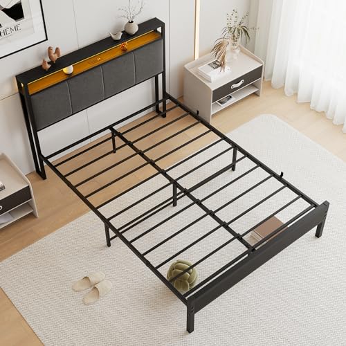 VECOCHO Twin Bed Frame with Charging Station and LED Lights,Upholstered Headboard with Storage Shelves,Heavy Duty Metal Slats, No Box Spring Needed,Noise Free, Easy Assembly,Black and Dark Grey
