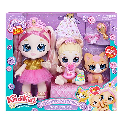 Kindi Kids Scented Sisters Pawsome Royal Family - Pre-School 10" Play Doll: Tiara Sparkles, 6.5" Baby Kindi: Teenie Tiara, and Kindi Pet: Prince Purrfection - Amazon Exclusive