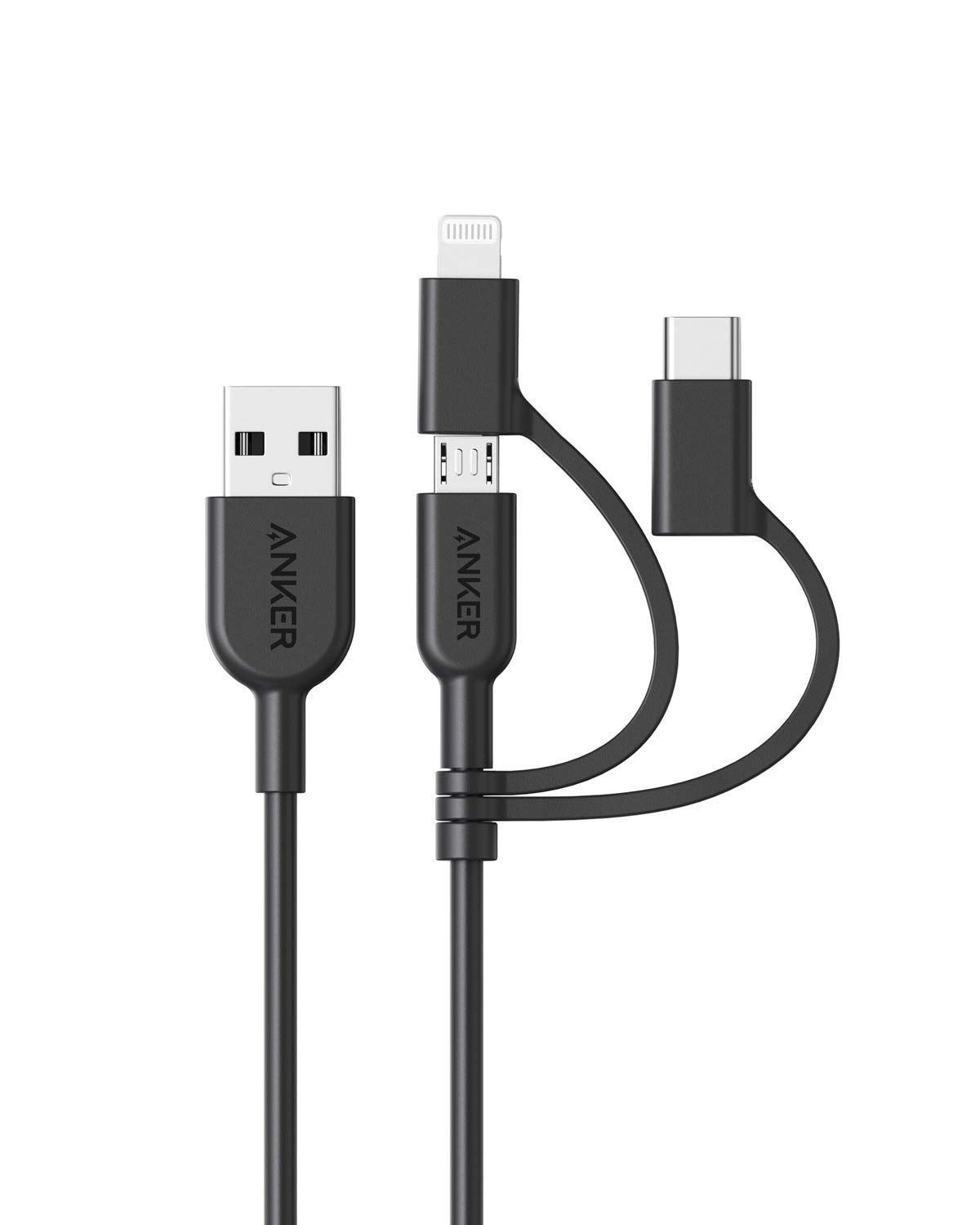 Anker Powerline II 3-in-1 Cable, Lightning/Type C/Micro USB Cable for iPhone, iPad, Huawei, HTC, LG, Samsung Galaxy, Sony Xperia, Android Smartphones, iPad Pro 2018 and More(3ft, Black)