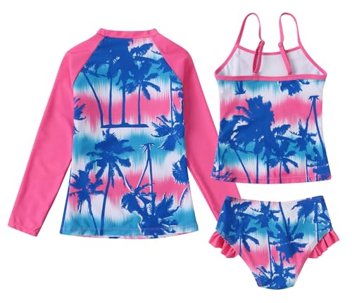 WonderBabe Little Girls Swimsuits 3-Piece Swimwears Rash Guard Set Long Sleeve UPF 50+Tankini Bathing Suit for Beach 3-4t Blue Pink