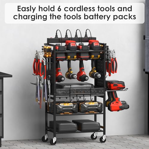 CCCEI Power Tool Organizer Cart with Charging Station, Garage Floor Rolling Storage Large Cart on Wheels for Mechanic, Mobile 6 Drill, Tool Box Utility Cart with Battery Charging Power Strip, Black.