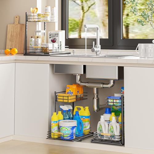 Delamu Metal Under Sink Organizer, 10.7" Width Pull Out Cabinet Organizer, 2 Tier Slide Out Under Sink Storage Shelf, Undersink Organizers Shelves for Kitchen Bathroom Pantry