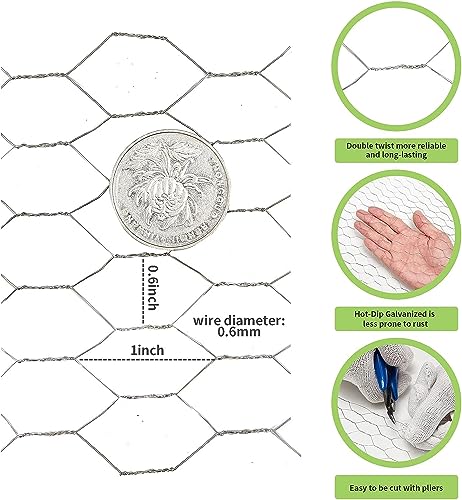 HONSREO Chicken Wire Fencing 16.9 Inch x 32.8 Ft, Poultry Wire Netting 0.6 Inch Hexagonal Galvanized Floral Fence Mesh for Pet Rabbit Coop