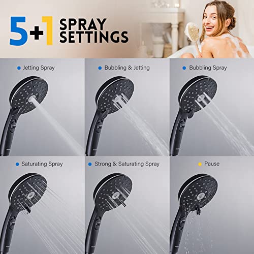 Ryamen Dual Shower Head Combo, Black 8'' High Pressure Rain/Rainfall Shower Head,5 Settings Adjustable Handheld Showers,with 15" Height Adjustable Slide Bar,Holder/59’‘ Hose