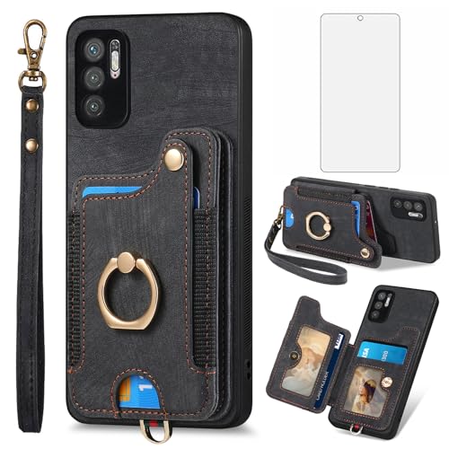 Asuwish Phone Case for Xiaomi Redmi Note 10 5G Wallet Cover with Tempered Glass Screen Protector Wrist Strap Lanyard RFID Credit Card Holder Ring Stand Poco M3 Pro/Redme Note 10T G5 Women Men Brown