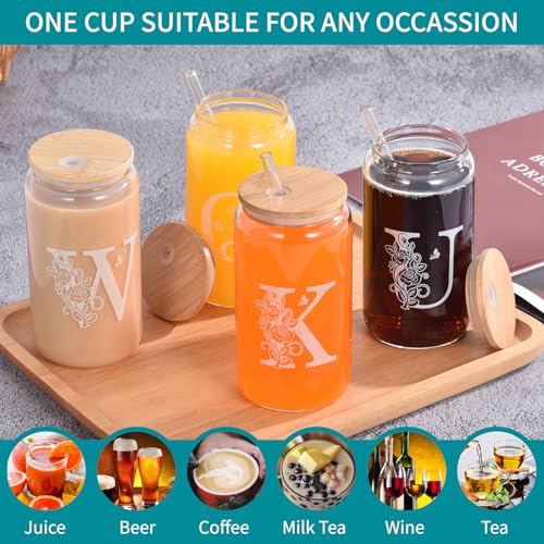 MAFYE Initial Glass Cups with Lids and Straws, Monogrammed Present for Women, 16oz Beer Glass Tumbler, Iced Coffee Mug, Personalized Present with Box and Card. Women's Day Birthday Present for Her