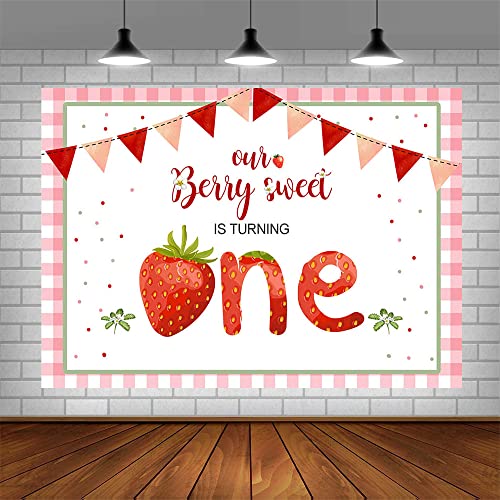 ABLIN 7x5ft Sweet Strawberry 1st Birthday Backdrop for Girls Berry Sweet Baby Girl 1st Birthday Decorations Banner Pink Stripe Red Pennant Photography Background Wall Decor Props