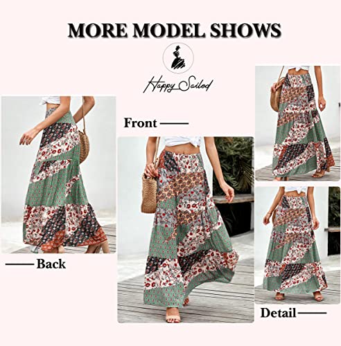 Happy Sailed Womens Retro Boho High Waist Elastic Waist A Line Flowy Long Maxi Beach Skirts with Pockets White Medium