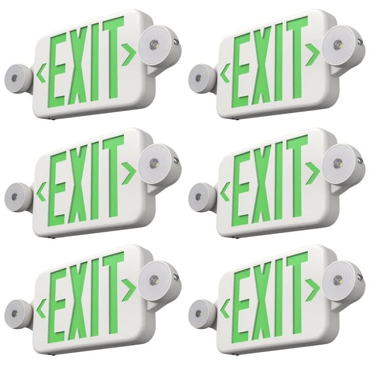 FREELICHT 6 Pack Green Exit Sign with Emergency Lights, Two LED Adjustable Head Emergency Light with Battery, Exit Sign for Business