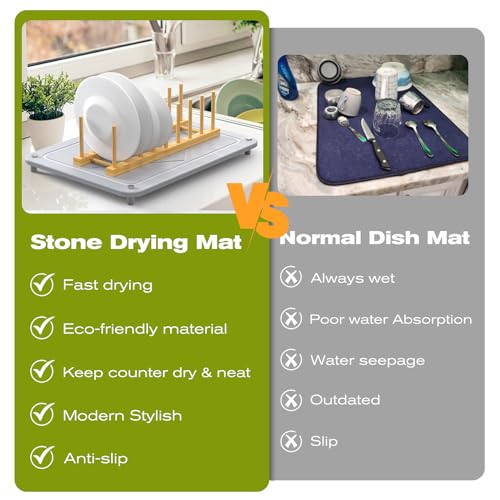 Happnear Dish Drying Mat Kitchen Counter Stone Drying Mat with Wooden Dish Rack,Quick Drying Stone Dish Mat Ultra Absorbent Natural Diatomaceous Earth Stone Mat, Heat Resistant Non-Slip Tableware Mat