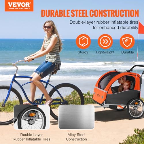 VEVOR Bike Trailer for Toddlers, Kids, Double Seat, 100 lbs Load, 2-in-1 Canopy Carrier Converts to Stroller, Tow Behind Foldable Child Bicycle Trailer with Universal Bicycle Coupler, Orange and Gray