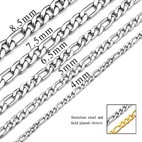 Monily Chain Necklace for Men 7.5MM 32 Inches Stainless Steel Figaro Link Chain for Women Mens