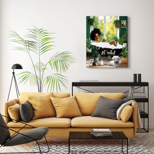 Bathroom Decor African American Wall Art Black Girl In Bathtub Canvas Wall Art Picture Modern Green Botanical Wall Decor Black Woman Framed Artwork For Bathroom Bedroom 8"X10"